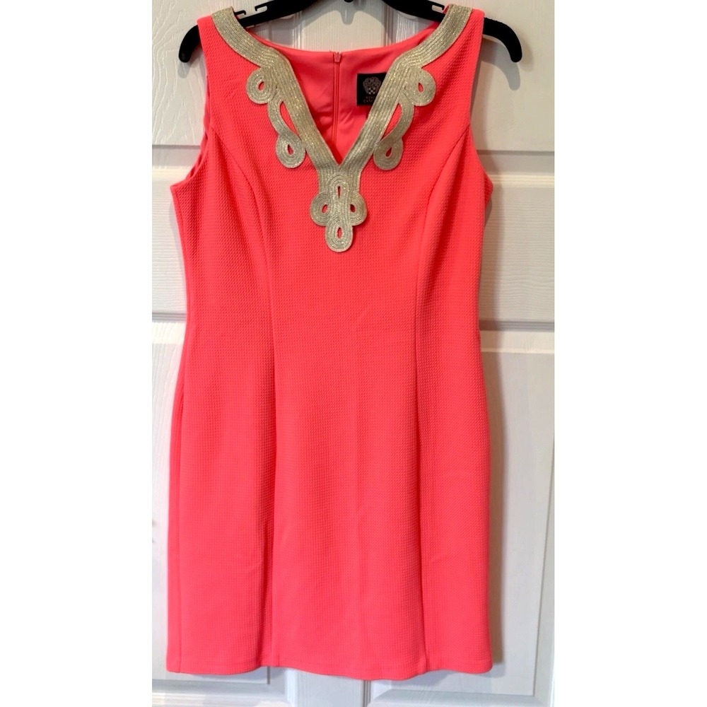 Vince Camuto Sleeveless Bright Coral Sheath Dress Sz 6 Silver Metallic Embellish